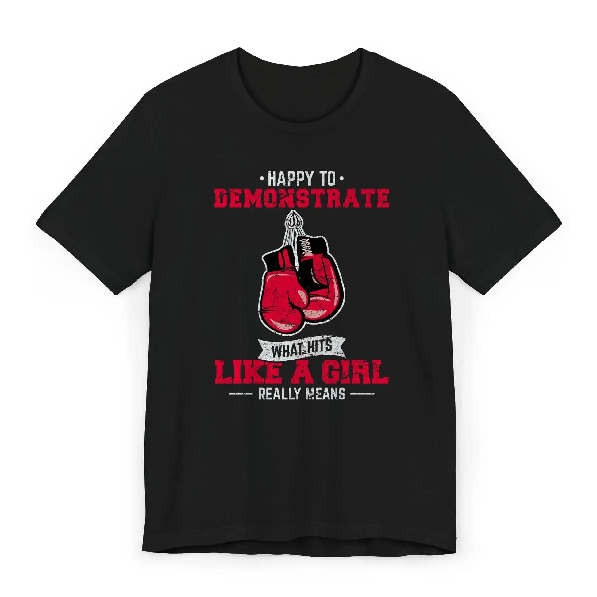 Flat image of a boxing shirt with red gloves and quote "Hits Like a Girl" – a strong message for female fighters.