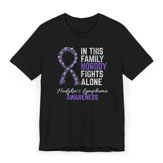Flat image of the Hodgkin’s Lymphoma Awareness T-shirt with ribbon and quote to support those affected by lymphoma and their families.