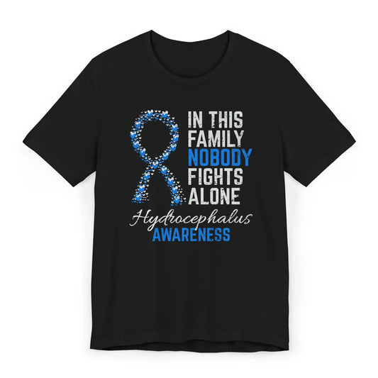 The flat image shows a Hydrocephalus Awareness T-shirt with a heart-filled ribbon and quote supporting those managing fluid pressure in the brain.
