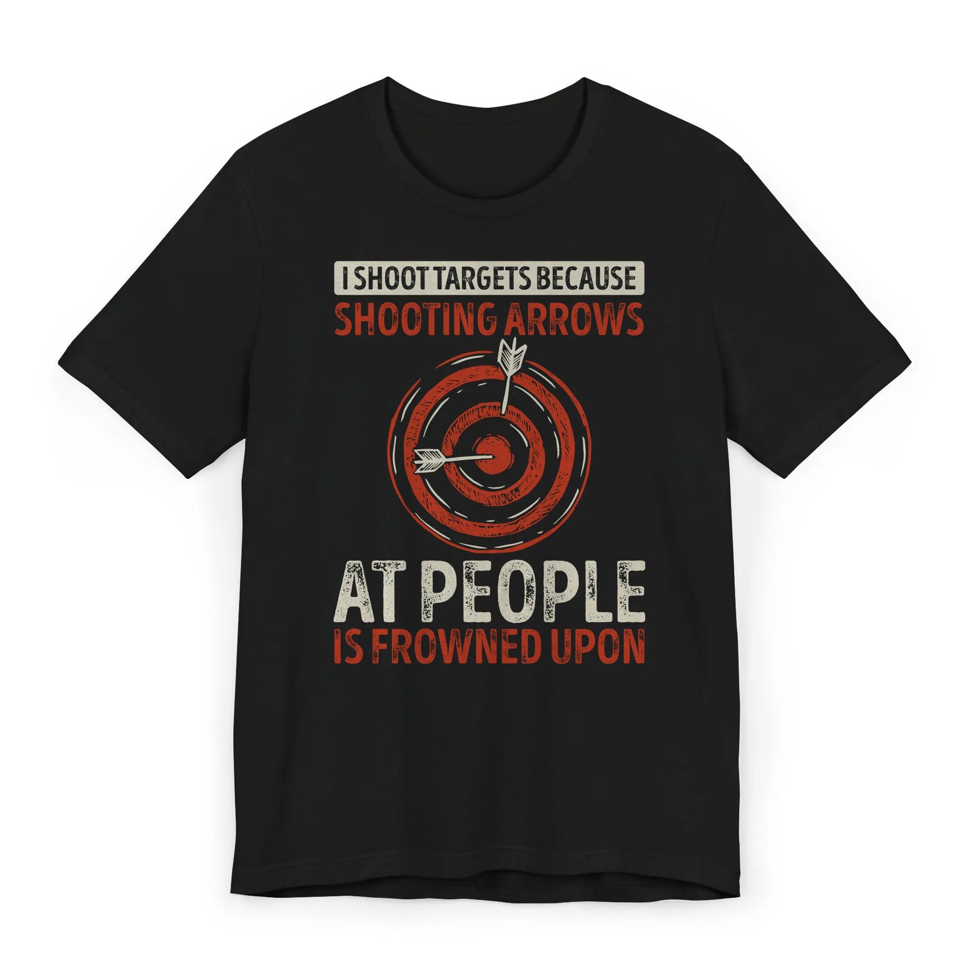 Flatlay of I Shoot Targets tee – sarcastic archery shirt with arrows and bullseye print