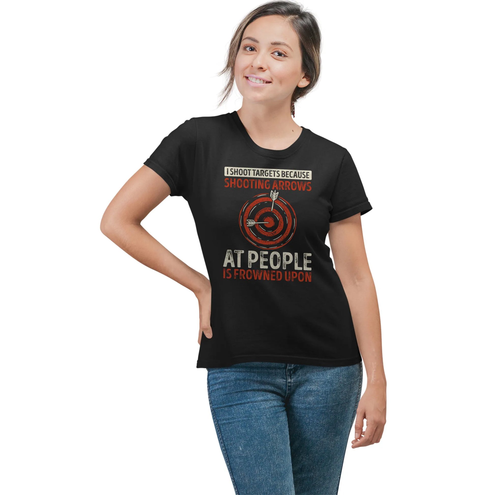 Woman in I Shoot Targets t-shirt – funny archer gift with distressed graphic