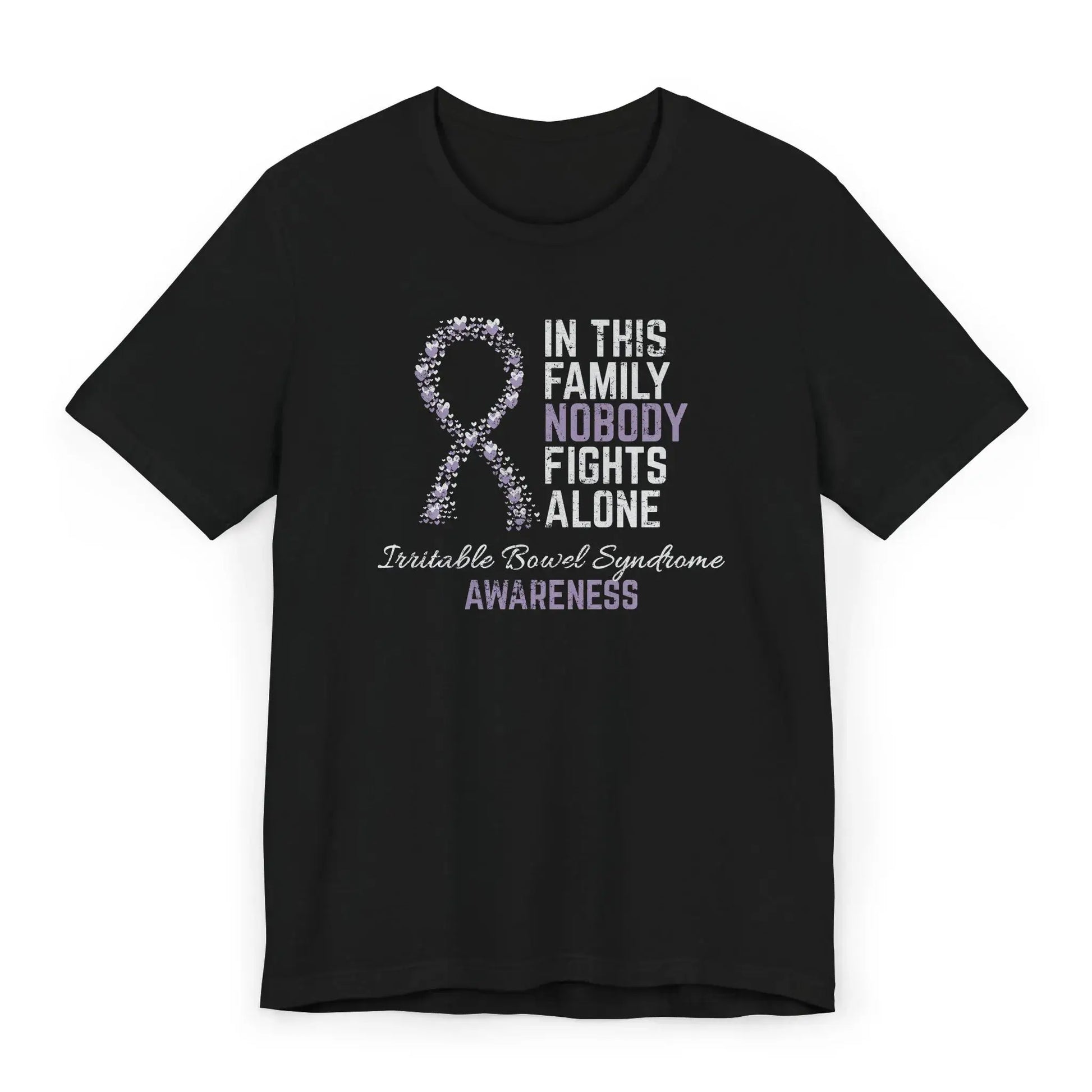 Flat image of the IBS Awareness T-shirt with a periwinkle ribbon and quote showing love and support for those with gut disorders.