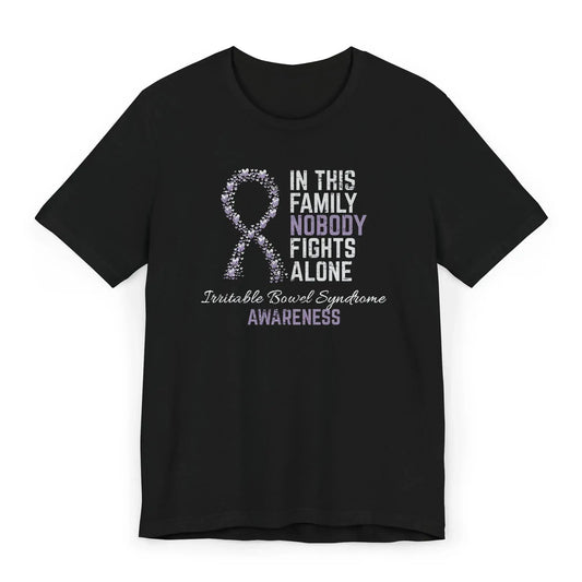 Flat image of the IBS Awareness T-shirt with a periwinkle ribbon and quote showing love and support for those with gut disorders.