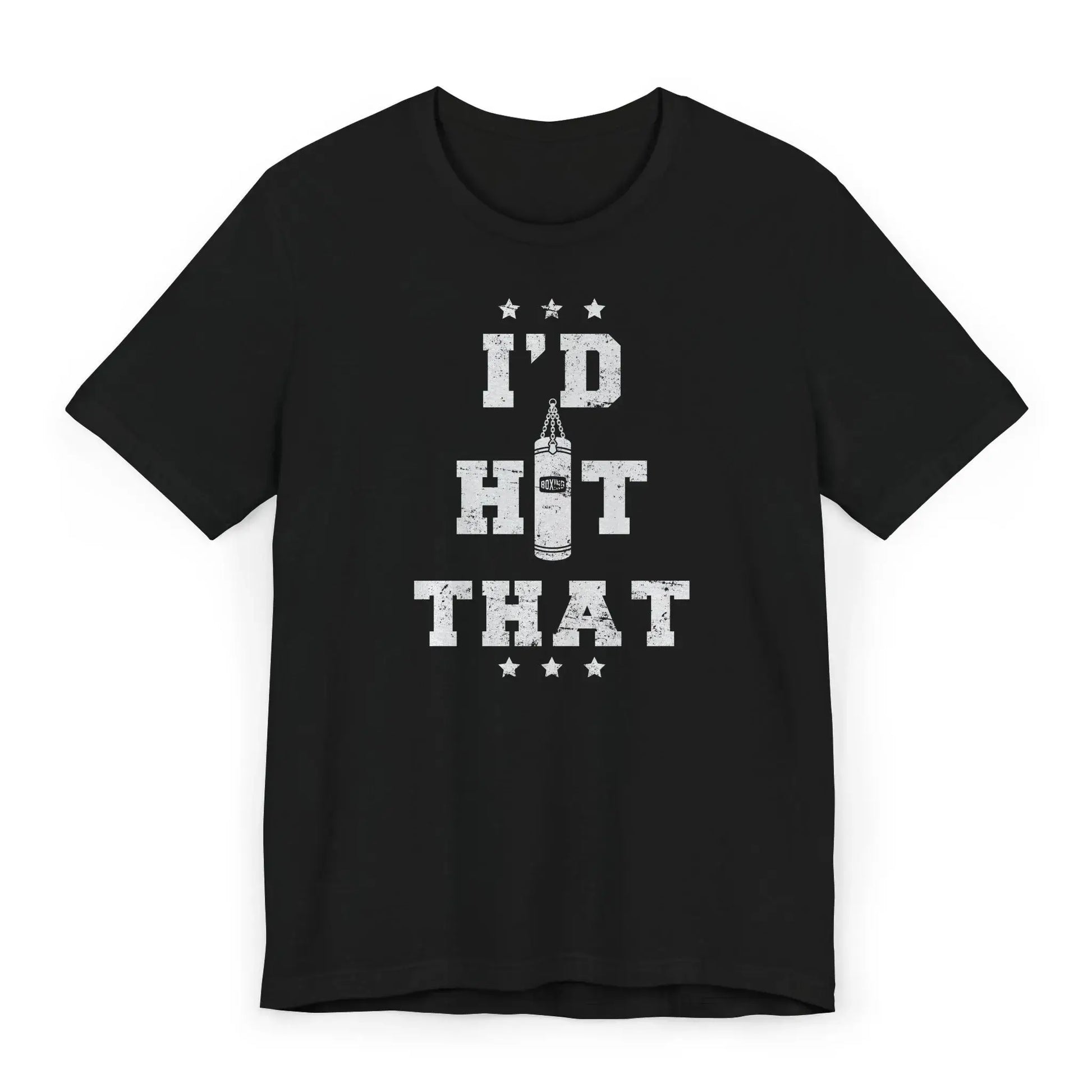 Flat lay of a funny boxing shirt with punching bag and quote “I’d Hit That.”
