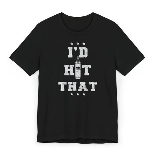 Flat lay of a funny boxing shirt with punching bag and quote “I’d Hit That.”