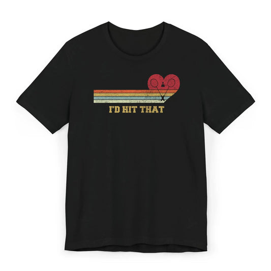 Retro-style shirt with vintage stripes, rackets, and bold text I’d Hit That