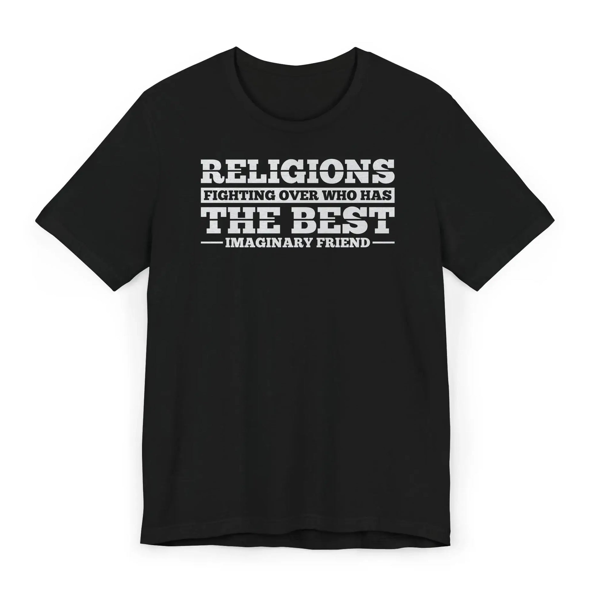 Flatlay of anti-religion shirt with imaginary friend quote
