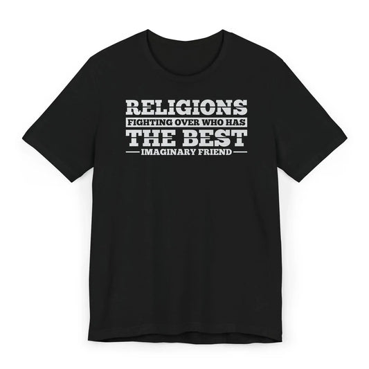 Flatlay of anti-religion shirt with imaginary friend quote