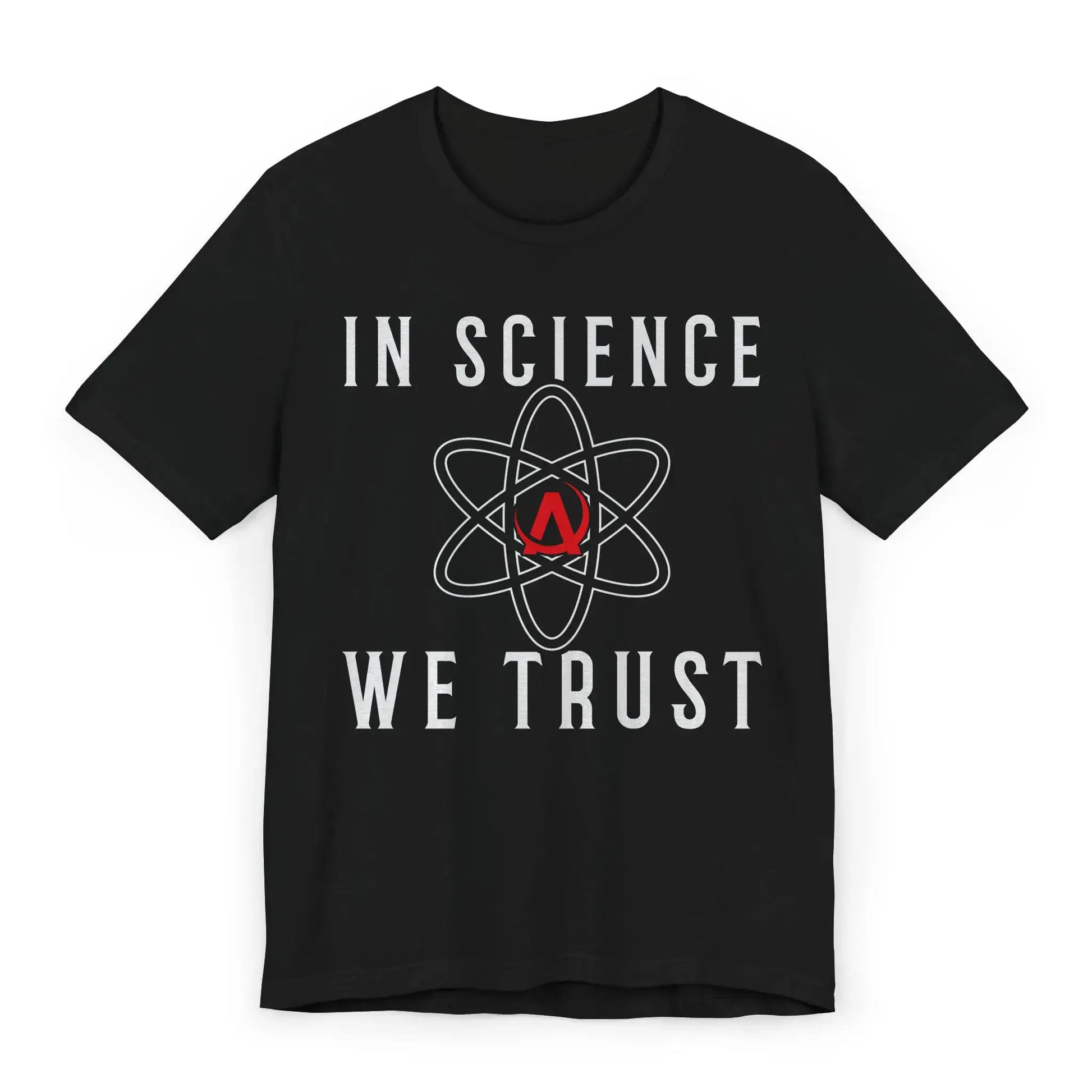 Flatlay of In Science We Trust shirt with red atom symbol