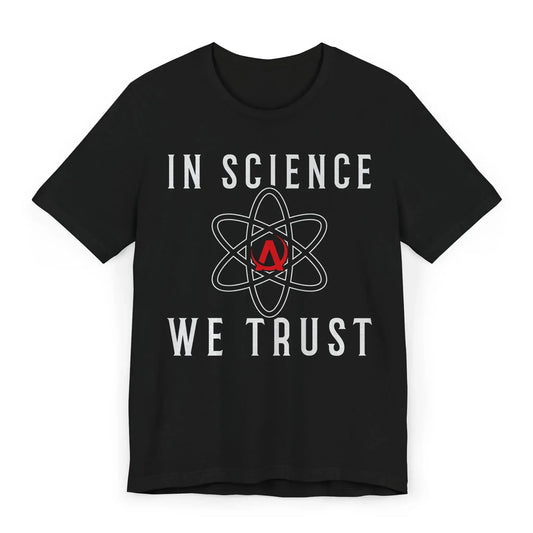 Flatlay of In Science We Trust shirt with red atom symbol