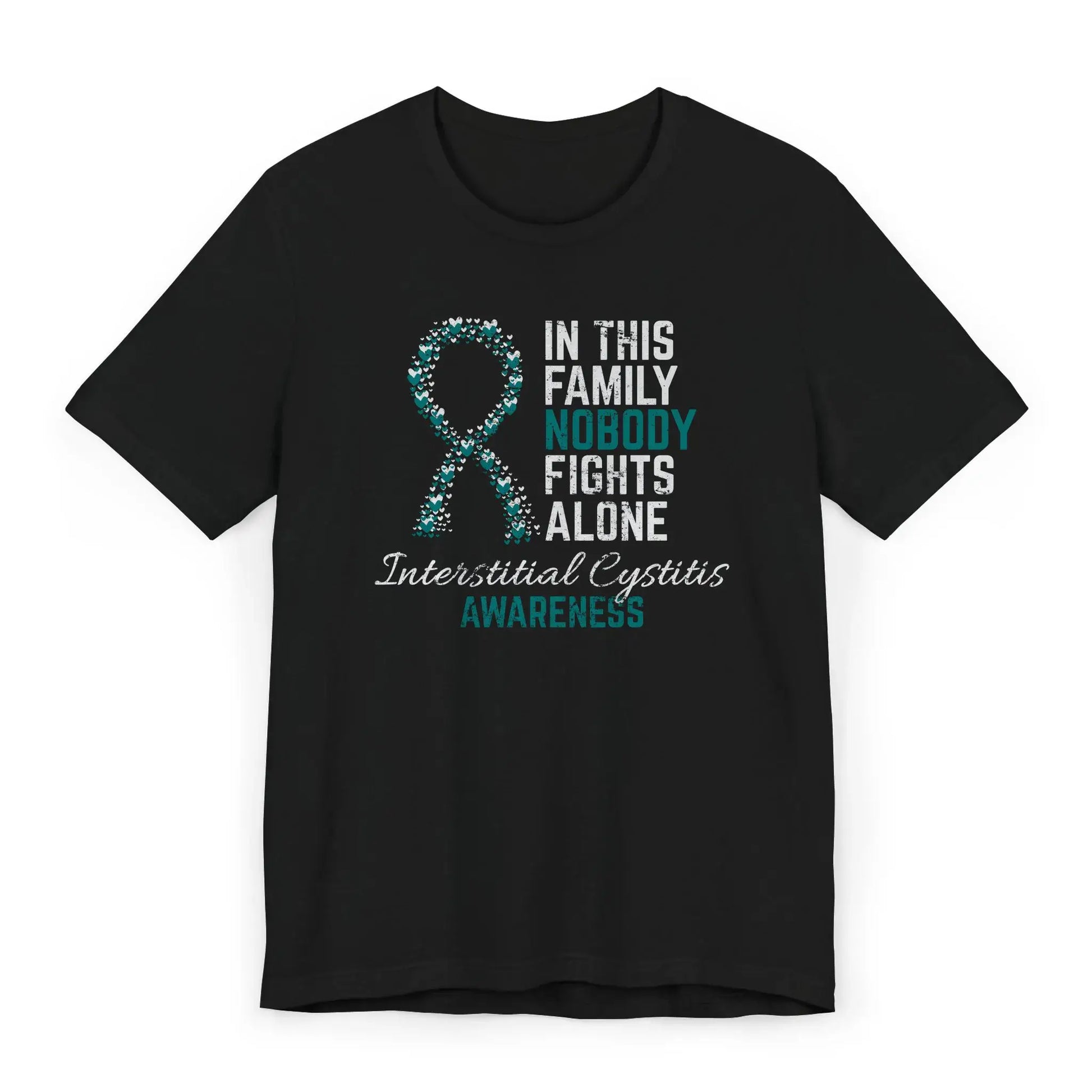 Flat image of the Interstitial Cystitis Awareness T-shirt with a turquoise ribbon and quote offering strength to IC warriors.