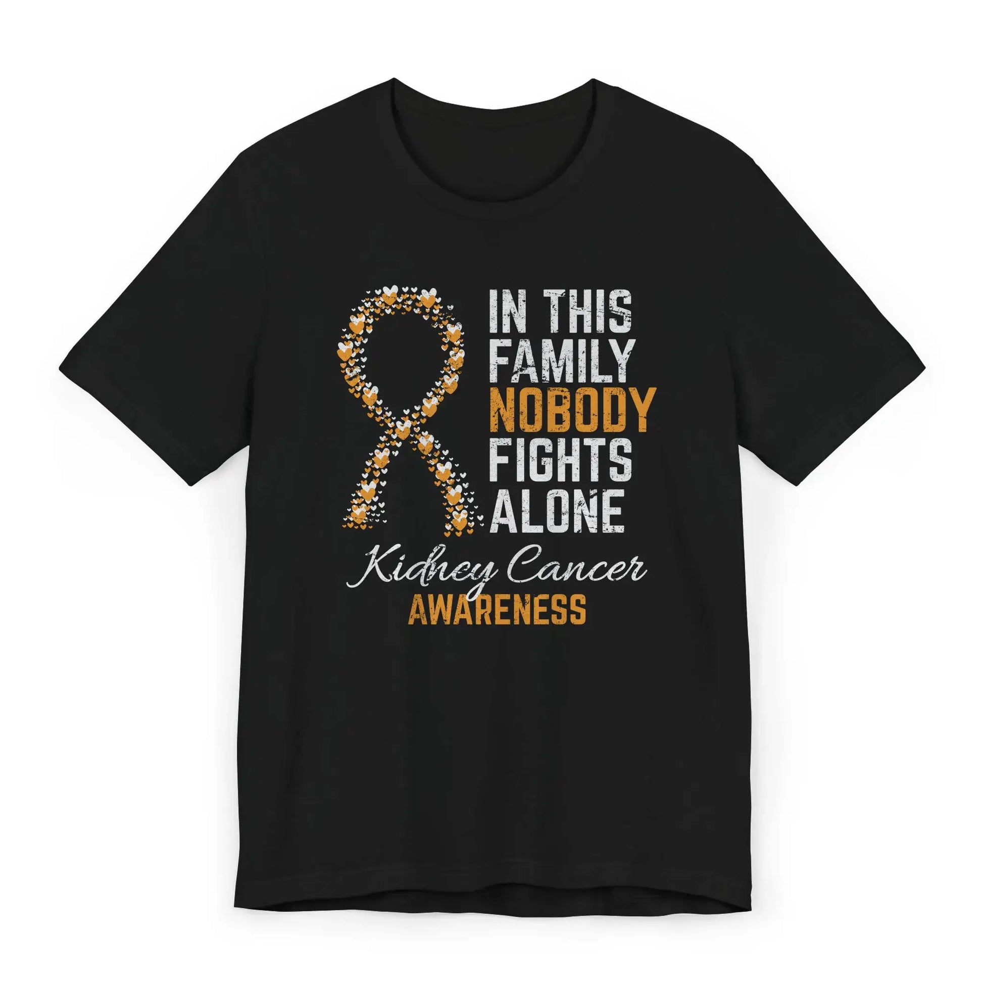 Flat image of the Kidney Cancer Awareness T-shirt with an orange ribbon and message of support for fighters and families.