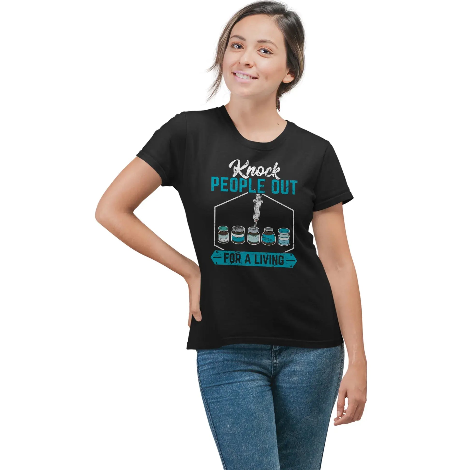 CRNA woman in Knock People Out shirt