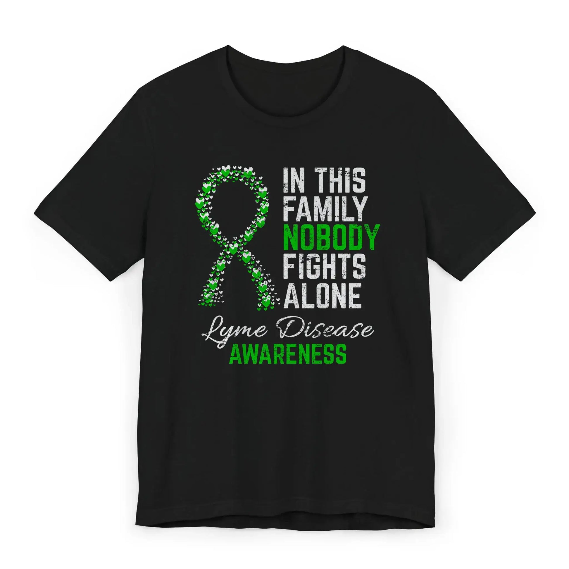 Flat image of the Lyme disease awareness T-shirt with a heart-filled ribbon and the quote “In This Family No One Fights Alone.”