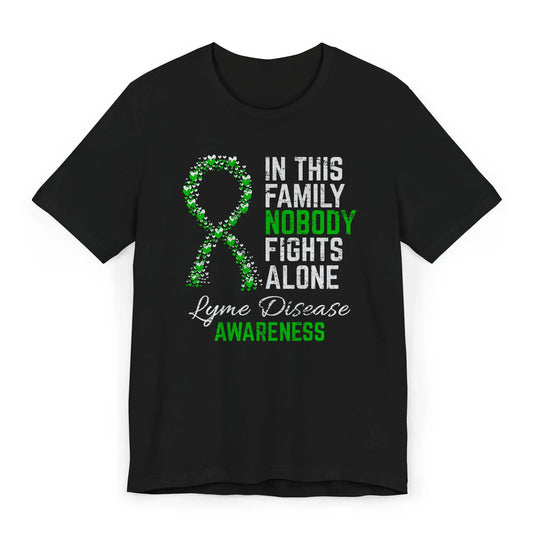 Flat image of the Lyme disease awareness T-shirt with a heart-filled ribbon and the quote “In This Family No One Fights Alone.”