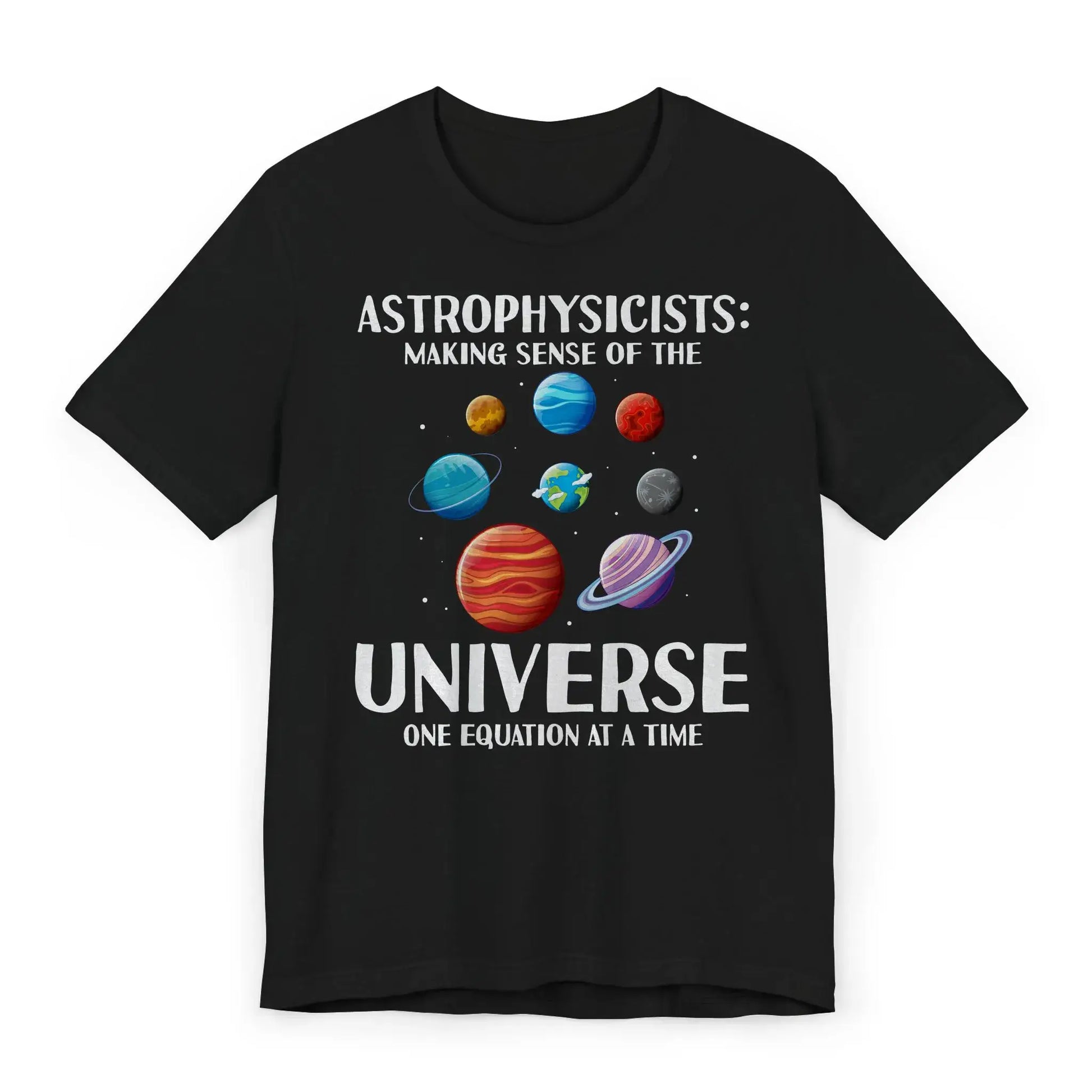 Flatlay of Making Sense of the Universe shirt with space elements