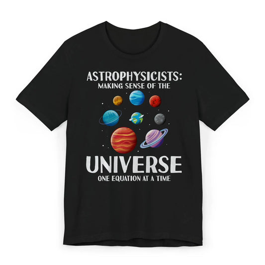 Flatlay of Making Sense of the Universe shirt with space elements