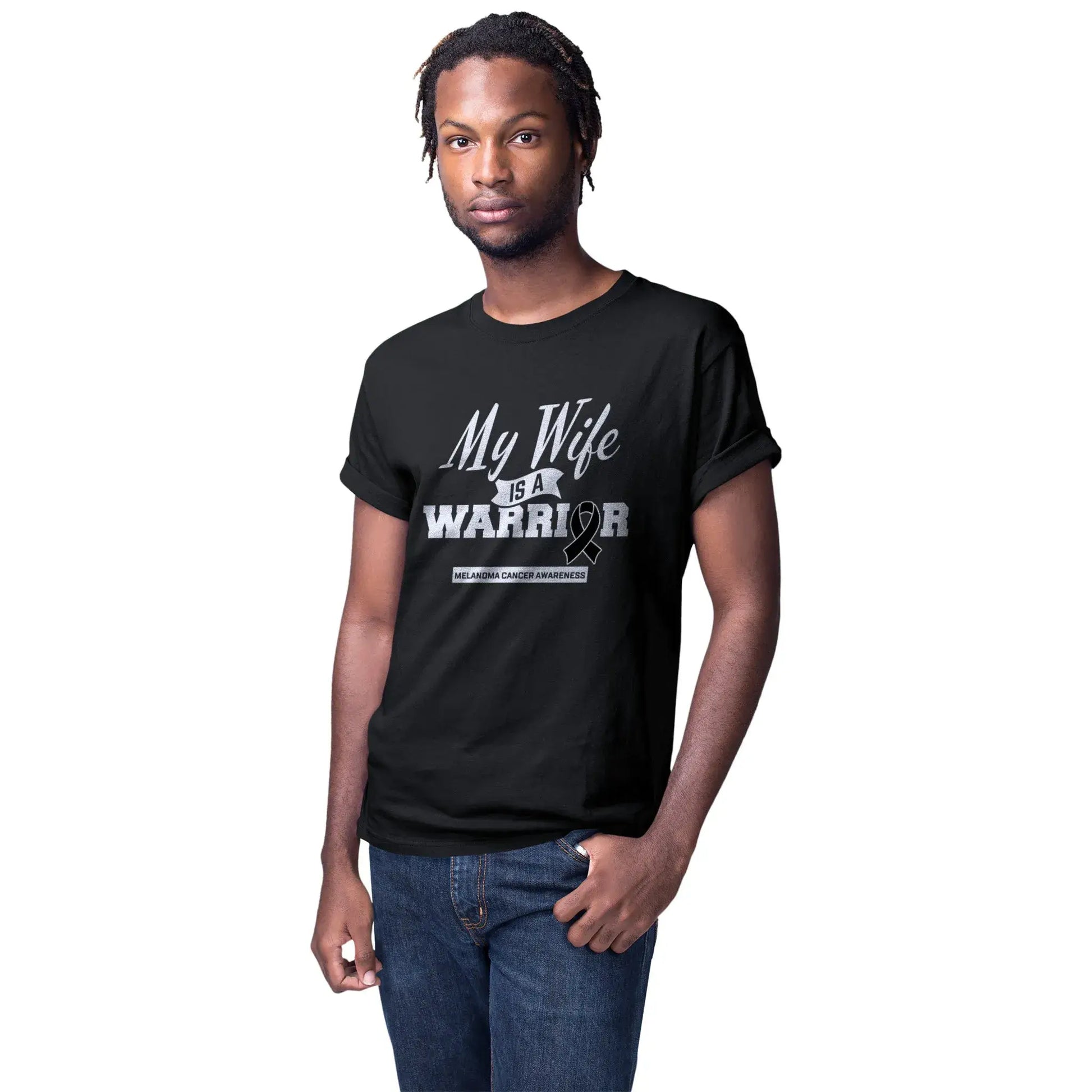 A man wears the Melanoma Awareness shirt to stand by his wife’s side through her melanoma journey with strength and solidarity.