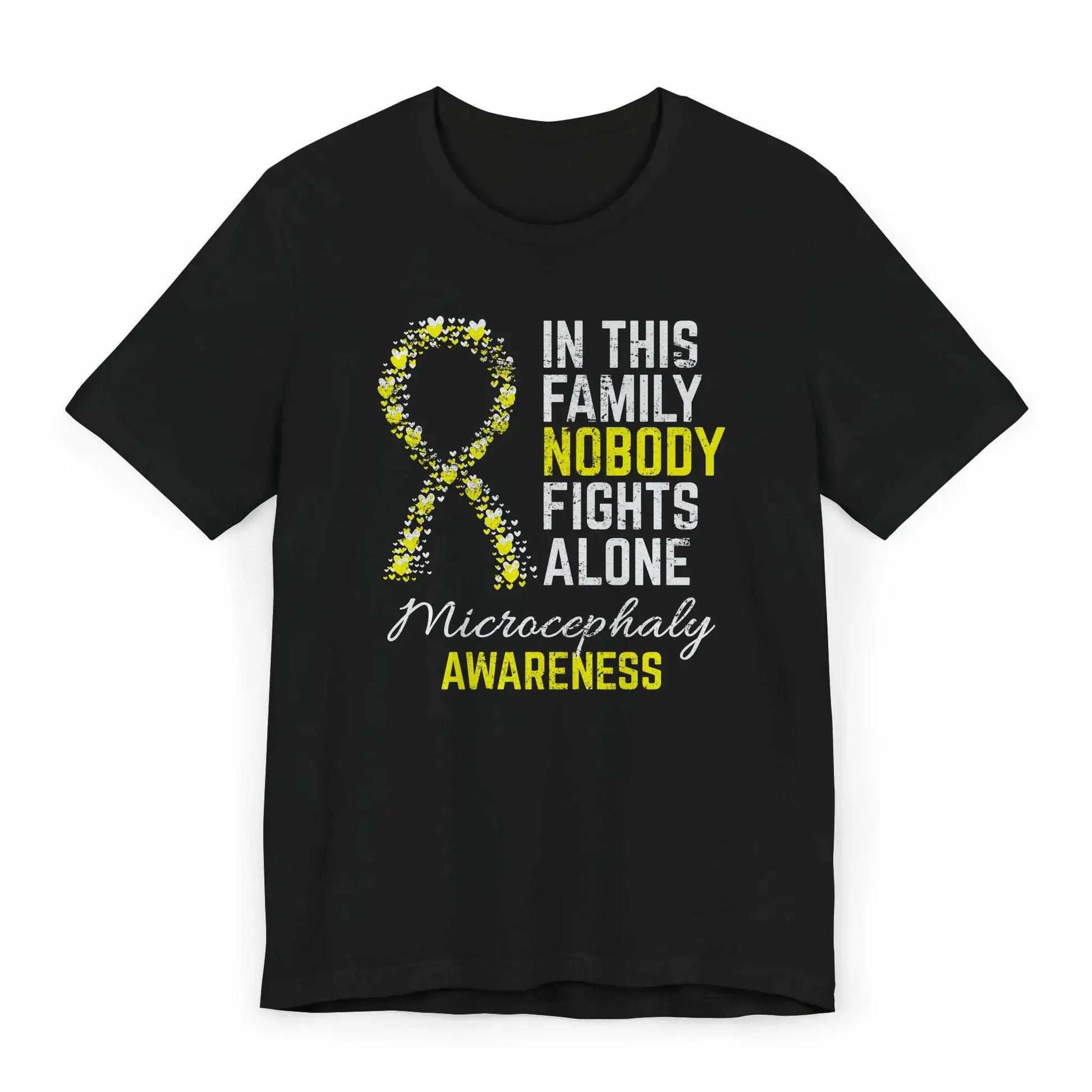 Flat image of the Microcephaly Awareness T-shirt with a yellow ribbon and quote supporting children and families affected by microcephaly.