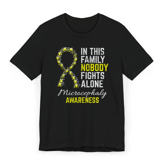 Flat image of the Microcephaly Awareness T-shirt with a yellow ribbon and quote supporting children and families affected by microcephaly.