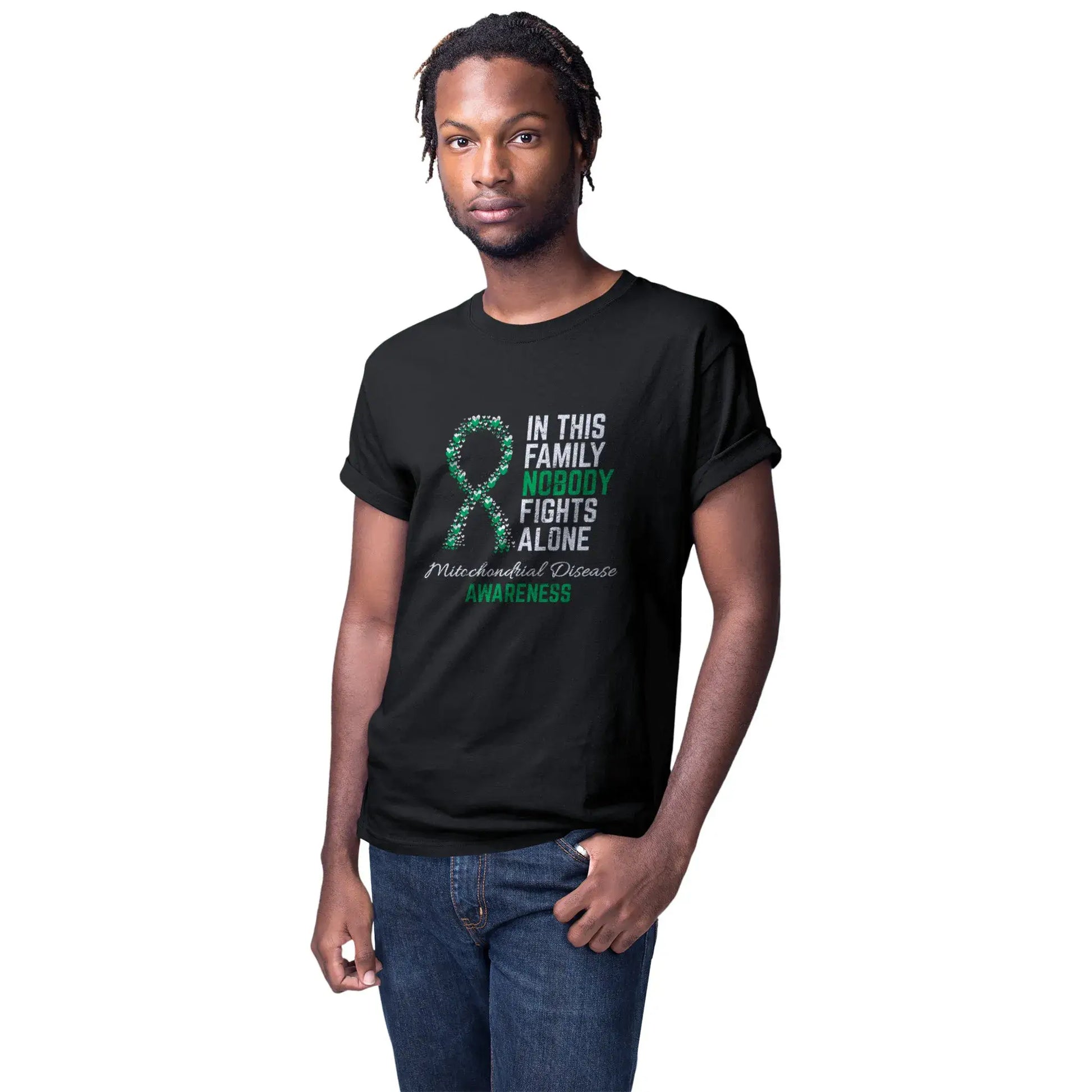 A man wears the Mitochondrial Disease Awareness tee to show strength and solidarity with families impacted by this complex cellular condition.