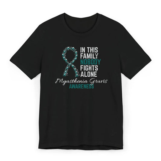 The flat image shows a Myasthenia Gravis Awareness T-shirt with a heart-filled ribbon and quote supporting those with neuromuscular autoimmune illness.