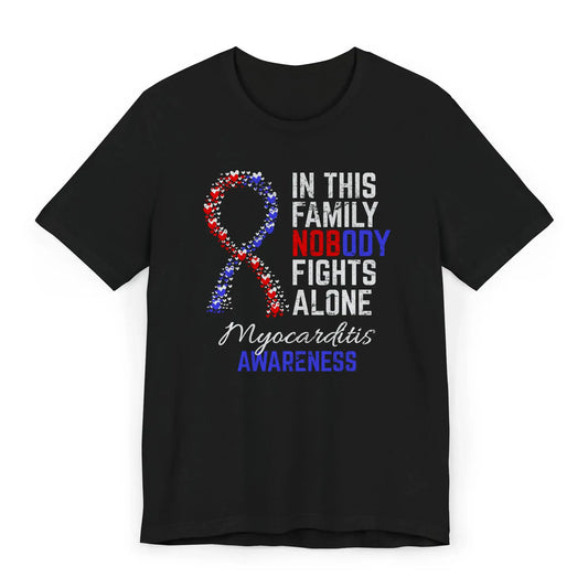 The flat image displays a Myocarditis Awareness T-shirt with a heart-filled ribbon and quote offering support for heart inflammation and recovery journeys.