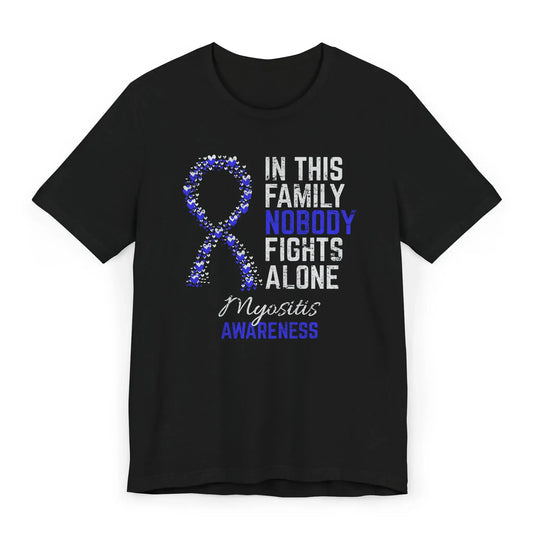 Flat image of the Myositis Awareness T-shirt with ribbon and quote to support patients and raise awareness for muscle inflammation disorders.