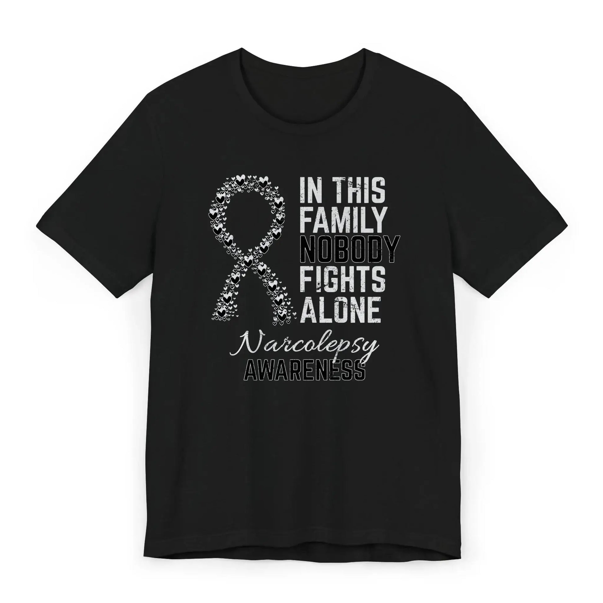 Flat image of the Narcolepsy Awareness T-shirt with a black ribbon and quote supporting those with chronic sleep disorders.