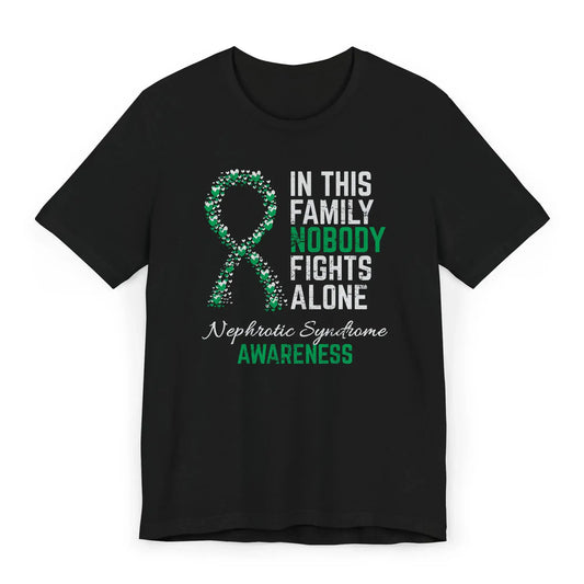 The flat image displays a nephrotic syndrome awareness unisex T-shirt with a heart-filled ribbon and quote showing unity and strength.