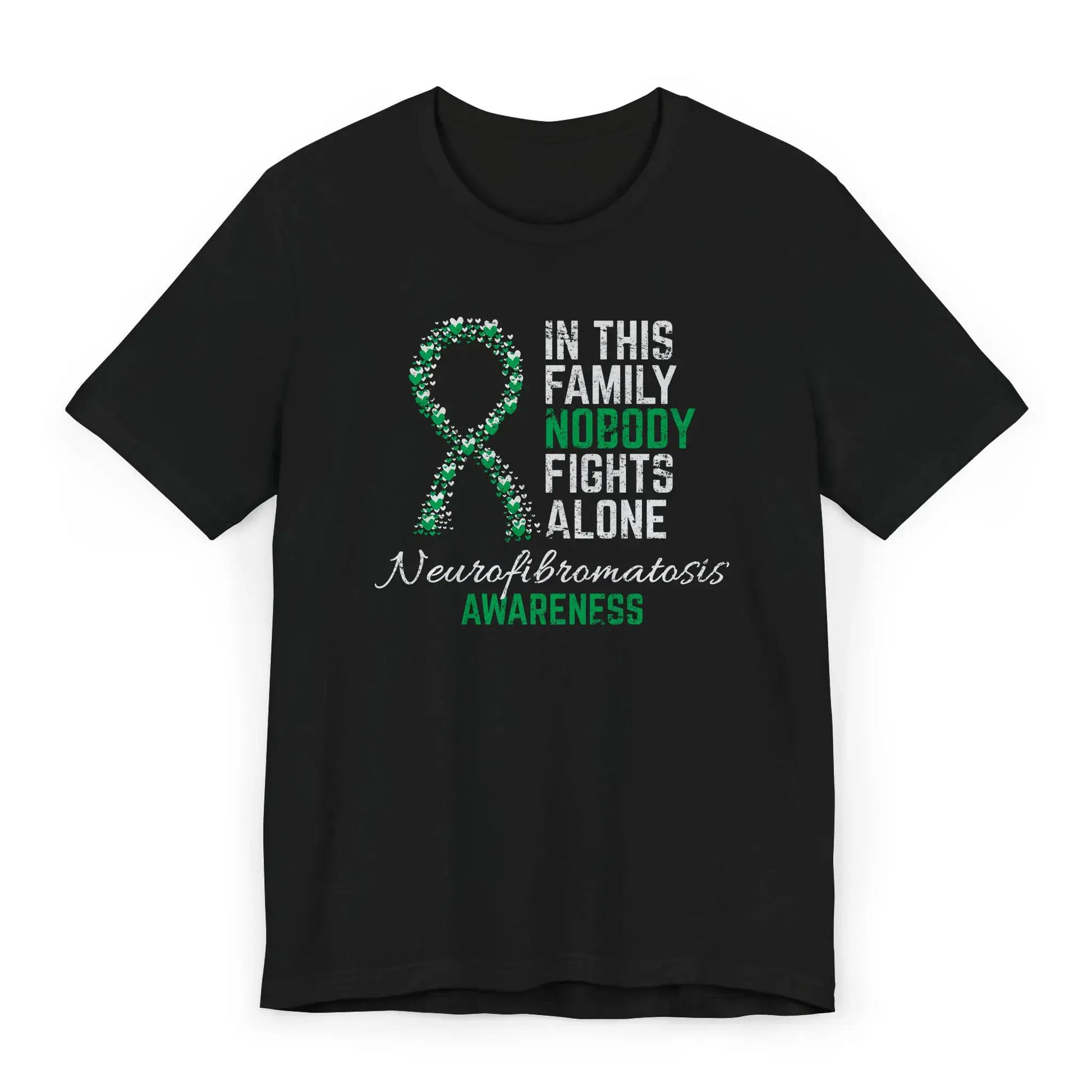Flat image of the Neurofibromatosis Awareness T-shirt with a blue and green ribbon and quote supporting rare disease warriors.