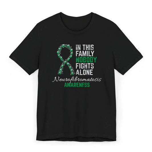Flat image of the Neurofibromatosis Awareness T-shirt with a blue and green ribbon and quote supporting rare disease warriors.