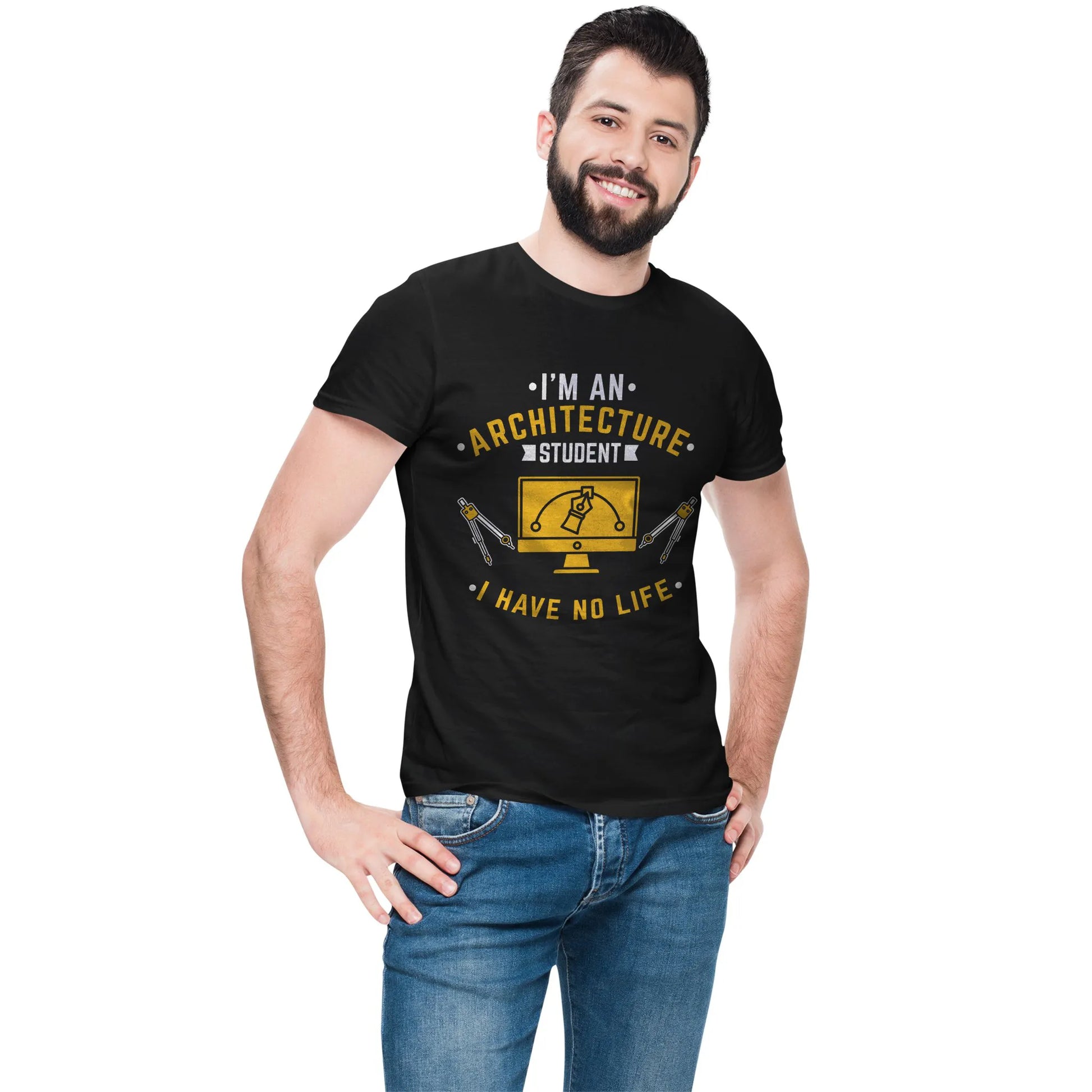 Man modeling funny architecture student shirt – gift for exhausted architect students