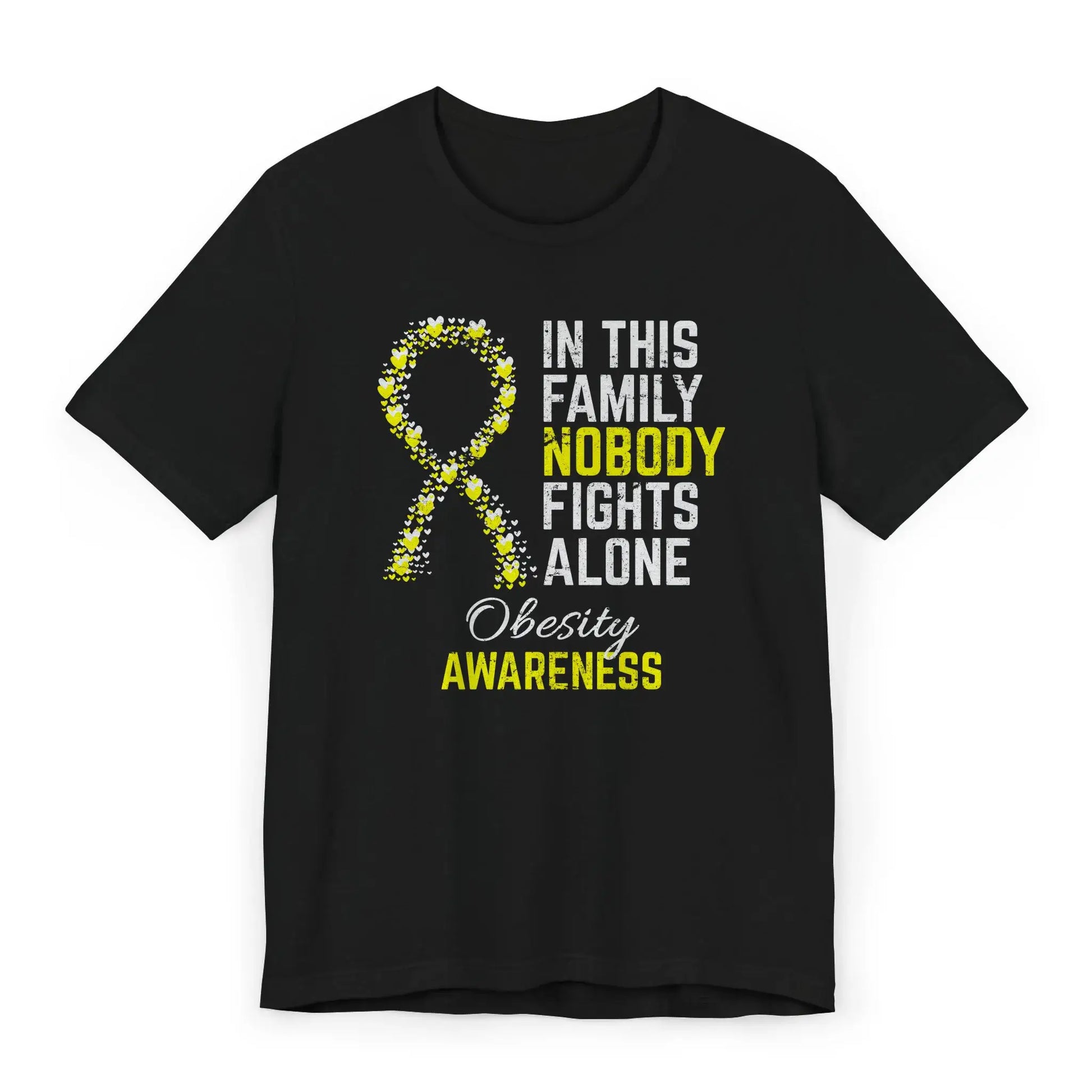 Flat image of the Obesity Awareness T-shirt with a blue and orange ribbon and supportive quote for health and wellness journeys.