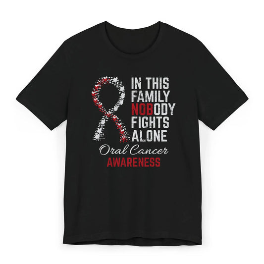 Flat image of the Oral Cancer Awareness T-shirt with ribbon and quote created to support early detection and honor mouth cancer warriors.