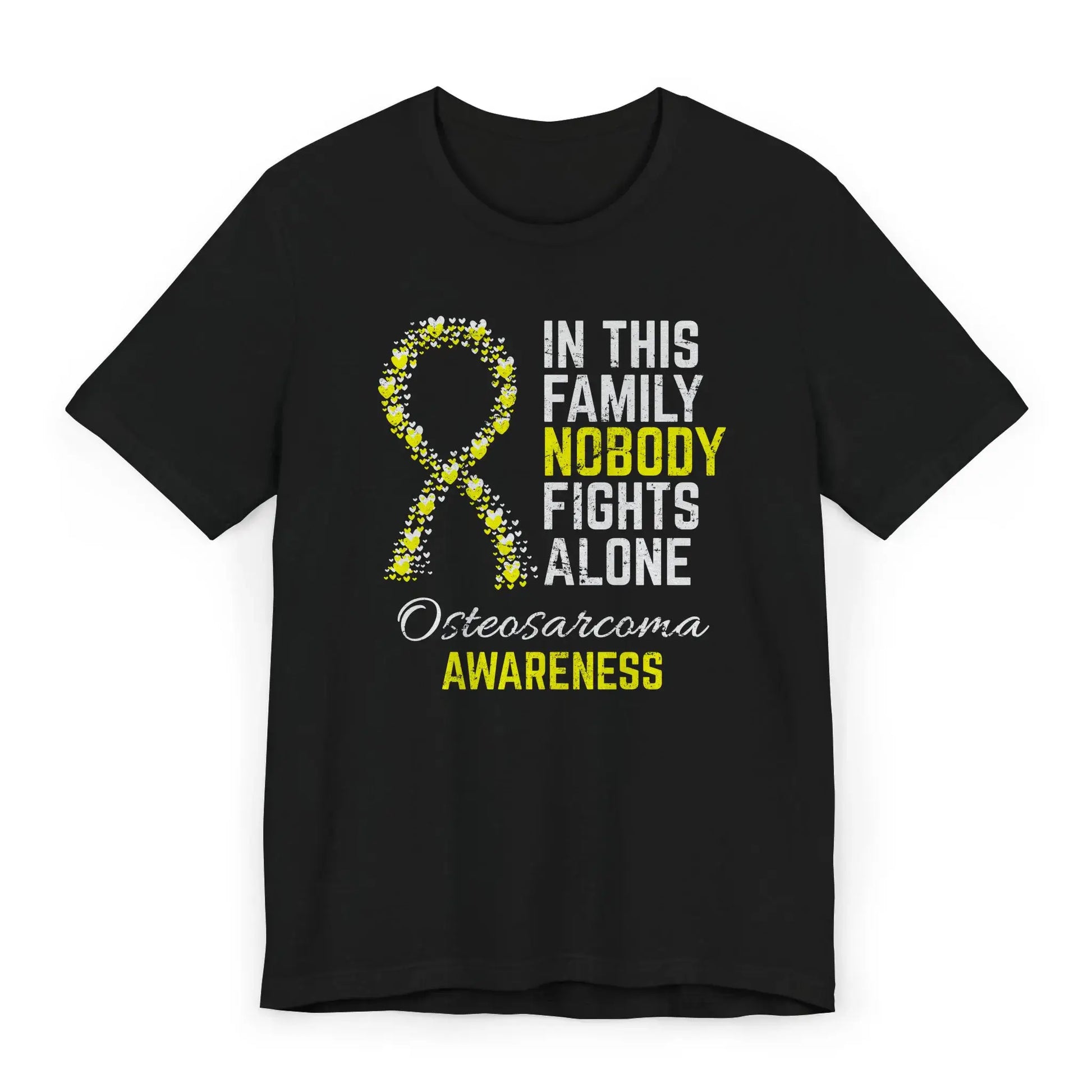 Flat image of the Osteosarcoma Awareness T-shirt with a yellow ribbon and quote showing support for bone cancer warriors.