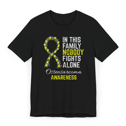 Flat image of the Osteosarcoma Awareness T-shirt with a yellow ribbon and quote showing support for bone cancer warriors.