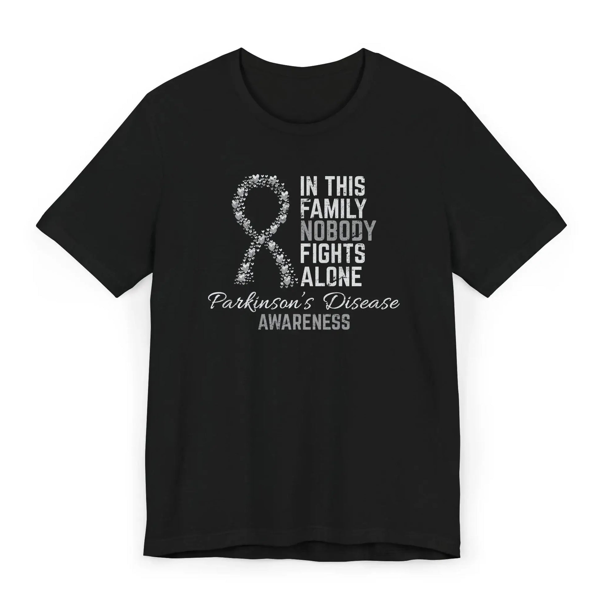 The flat image shows a Parkinson’s Disease awareness T-shirt with a heart-filled ribbon and message supporting strength and unity through the journey.