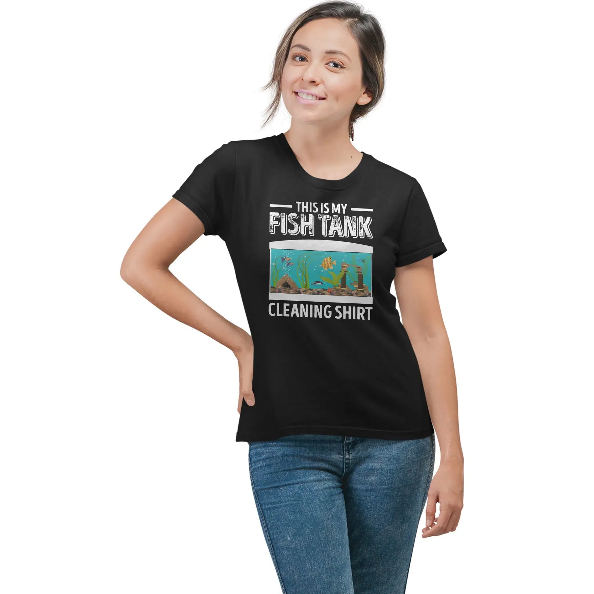 Woman wearing pet fish shirt that says “This Is My Fish Tank Cleaning Shirt”