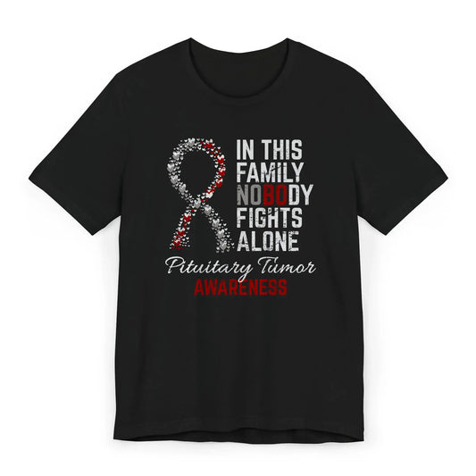 Flat image of the Pituitary Tumor Awareness T-shirt featuring a gray ribbon and supportive quote for raising awareness and solidarity.