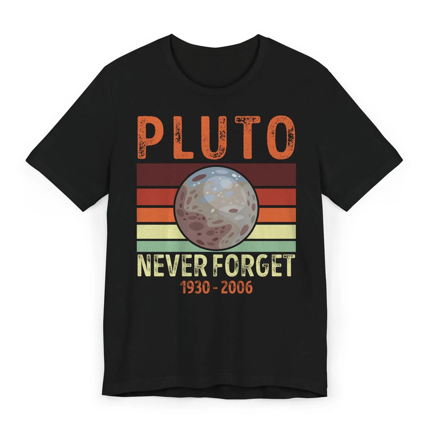 Flatlay of Pluto Never Forget shirt with retro astronomy theme
