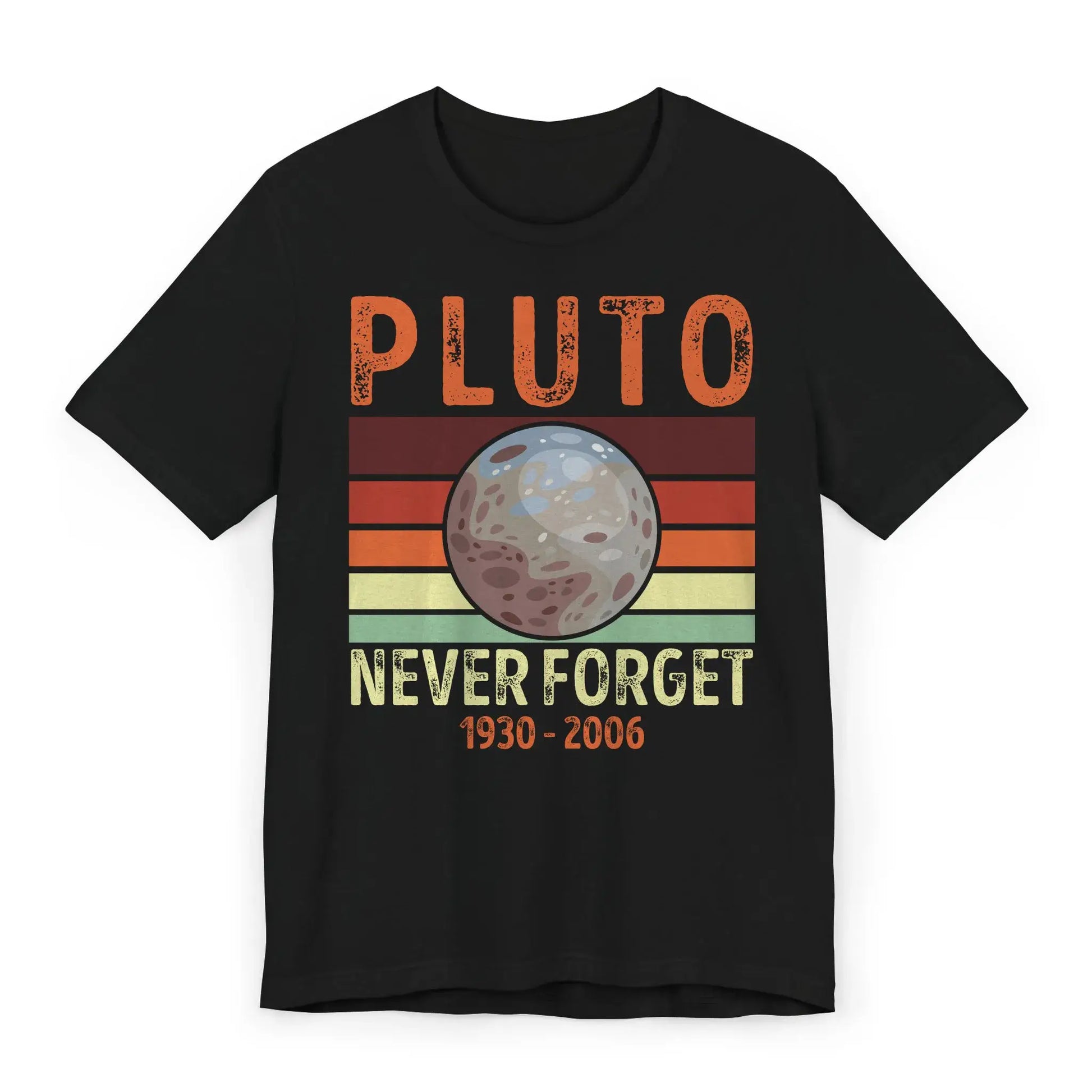 Flatlay of Pluto Never Forget shirt with retro astronomy theme