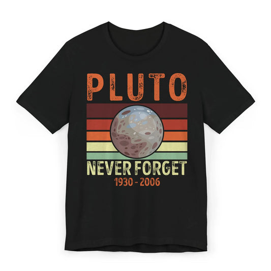 Flatlay of Pluto Never Forget shirt with retro astronomy theme