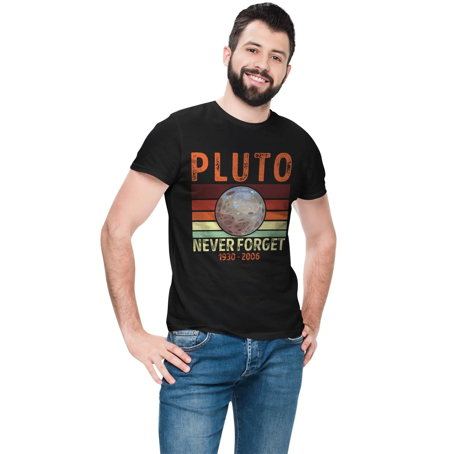 Man in nostalgic astronomy shirt honoring Pluto’s planet status