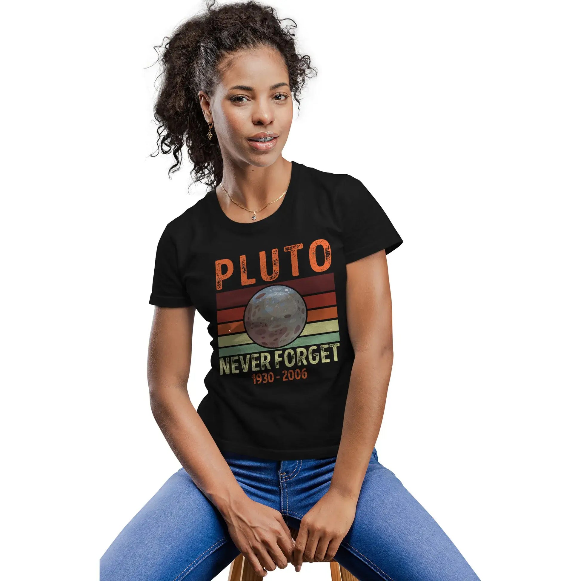 Woman wearing Pluto memorial tee for space lovers