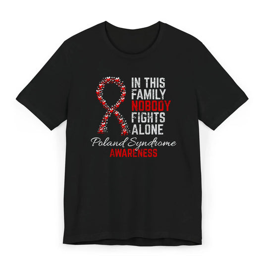 Flat image of the Poland Syndrome Awareness T-shirt with a blue and yellow ribbon and quote showing rare disorder support.