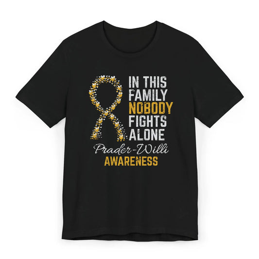 Flat image of the Prader-Willi Awareness T-shirt with an orange ribbon and quote showing rare disease support and strength.