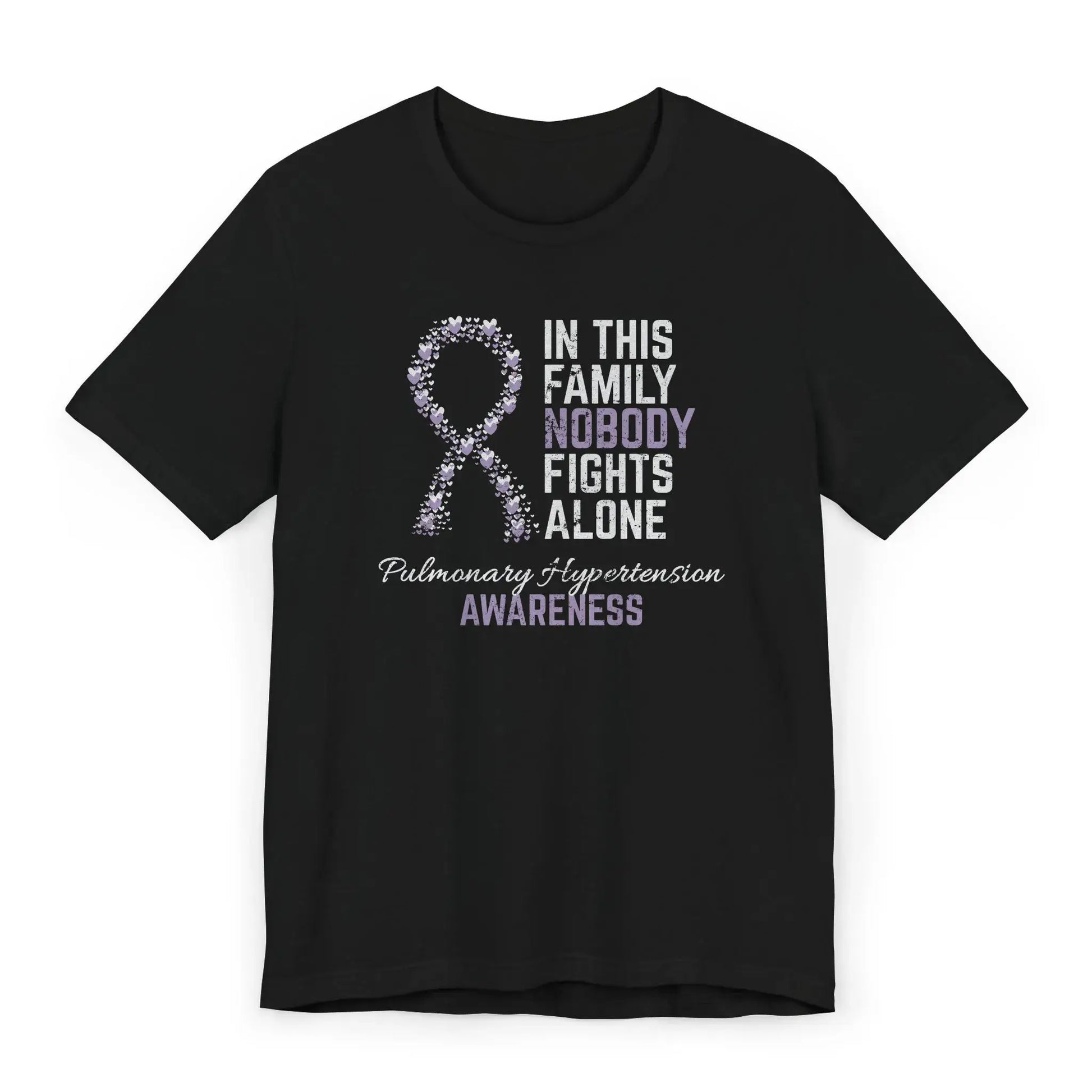 Flat image of the Pulmonary Hypertension Awareness T-shirt with a purple ribbon and quote showing strength for PH warriors.