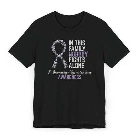 Flat image of the Pulmonary Hypertension Awareness T-shirt with a purple ribbon and quote showing strength for PH warriors.