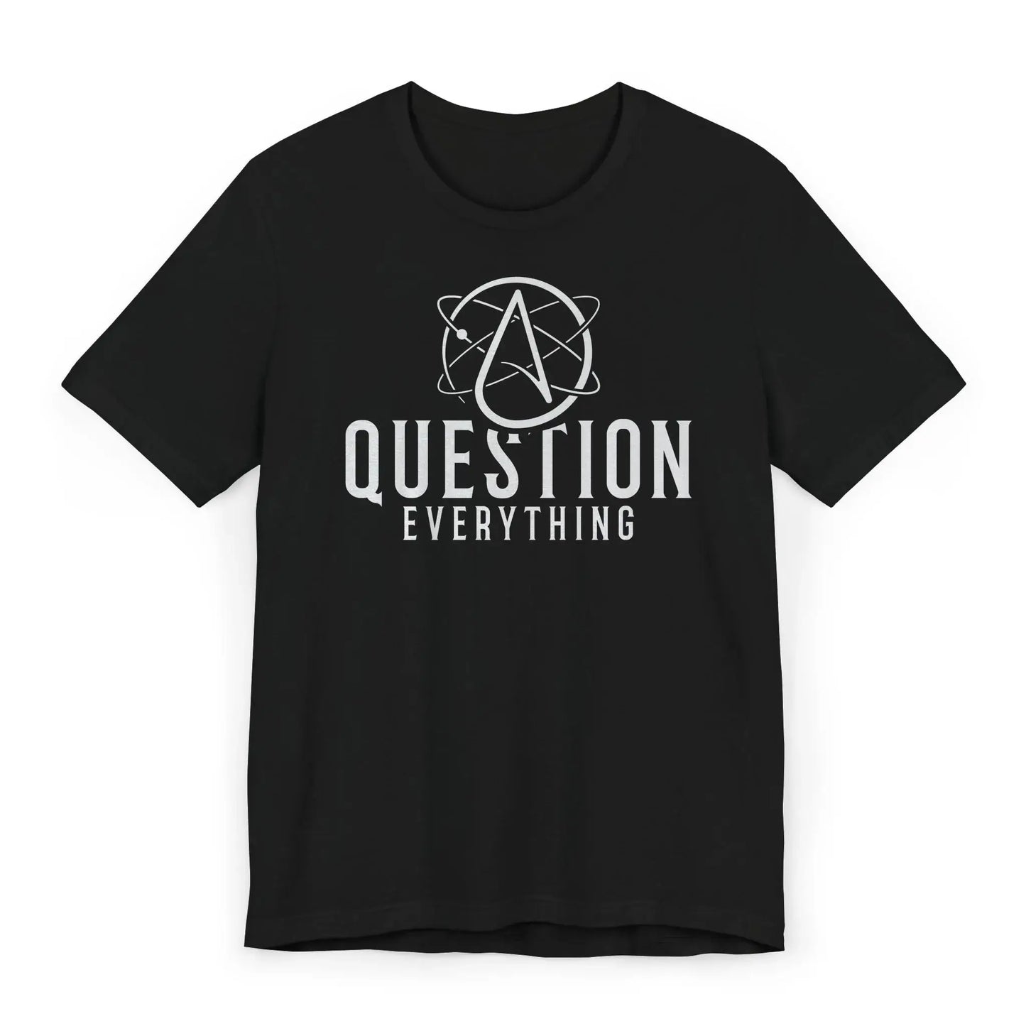 Flatlay of Question Everything shirt with subtle atheist design